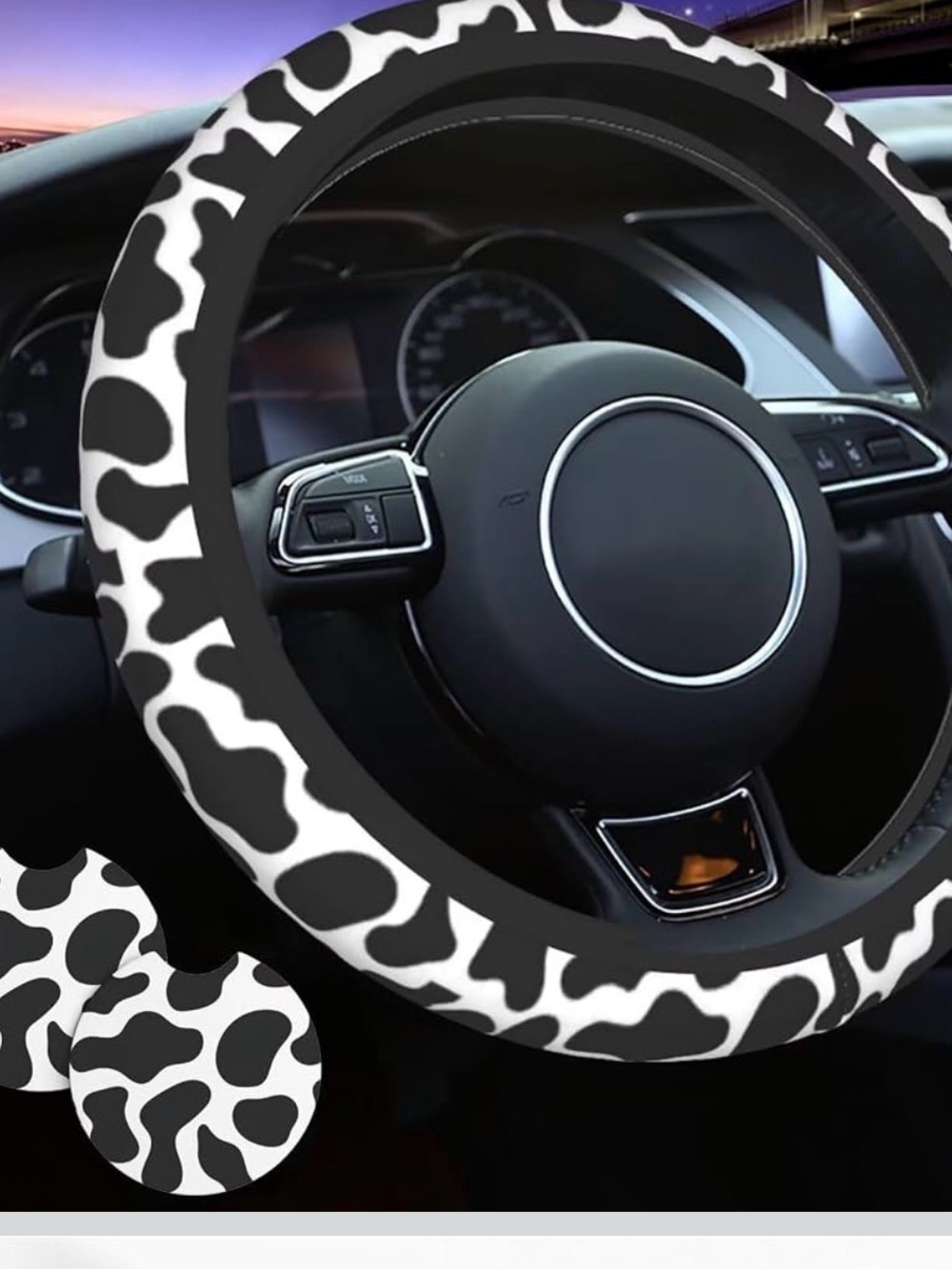 Cow Print Steering Wheel Cover and 2 cup coasters - Black and White